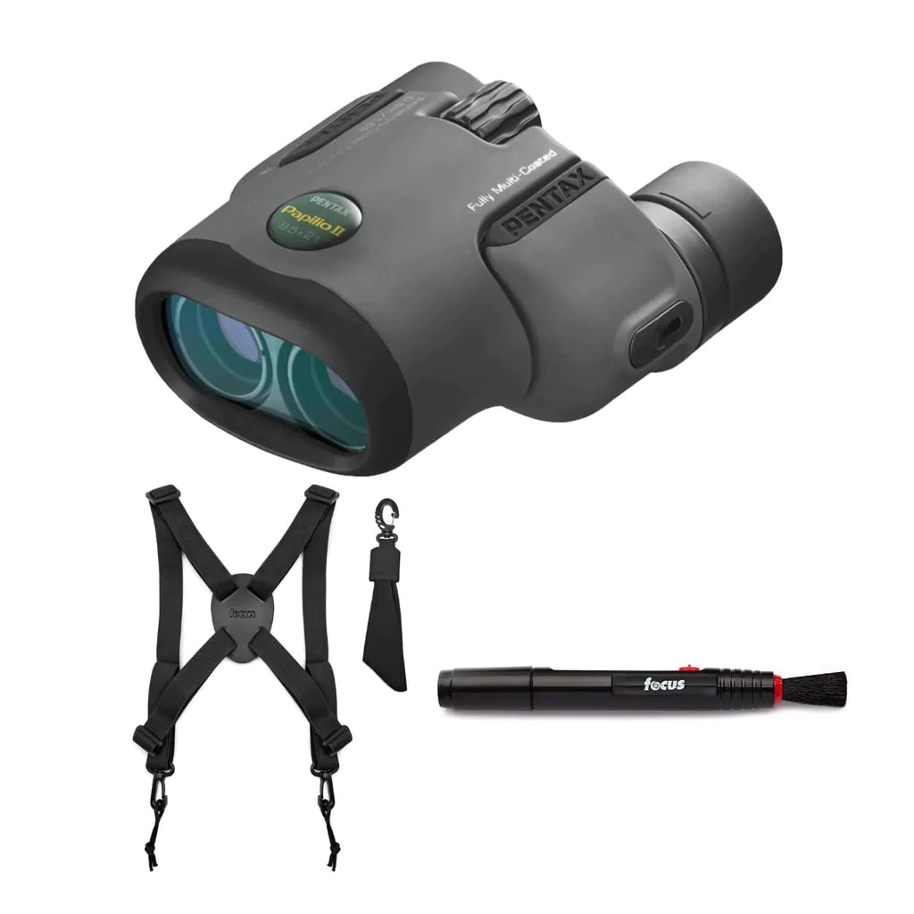 Pentax Papilio II 8.5x21 Porro Prism Binoculars Bundle with Binocular Harness and Lens Cleaning Pen (3 Items)