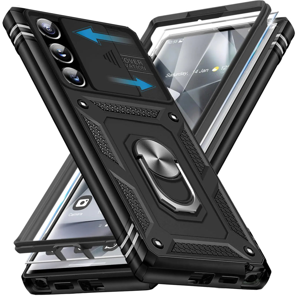 [Samsung Galaxy S24 Ultra Case with Screen Protector] Military Grade Rugged S24 Ultra Phone Case Heavy Duty Protective Cover S24 Ultra 5G Shell with Ring Kickstand (Black Samsung S24 Ultra)